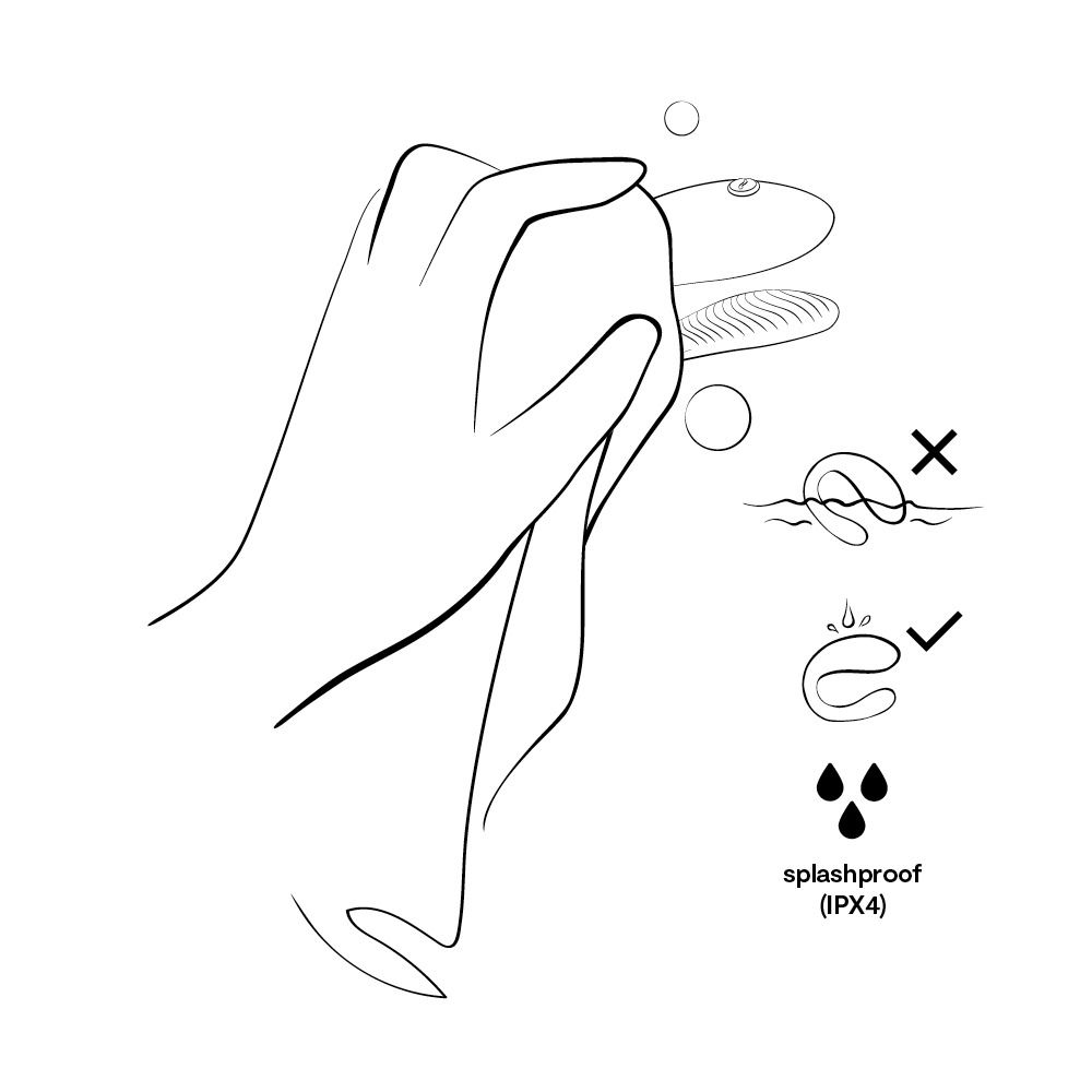 Hand hält Gegenstand, Splashproof (IPX4) Symbol.