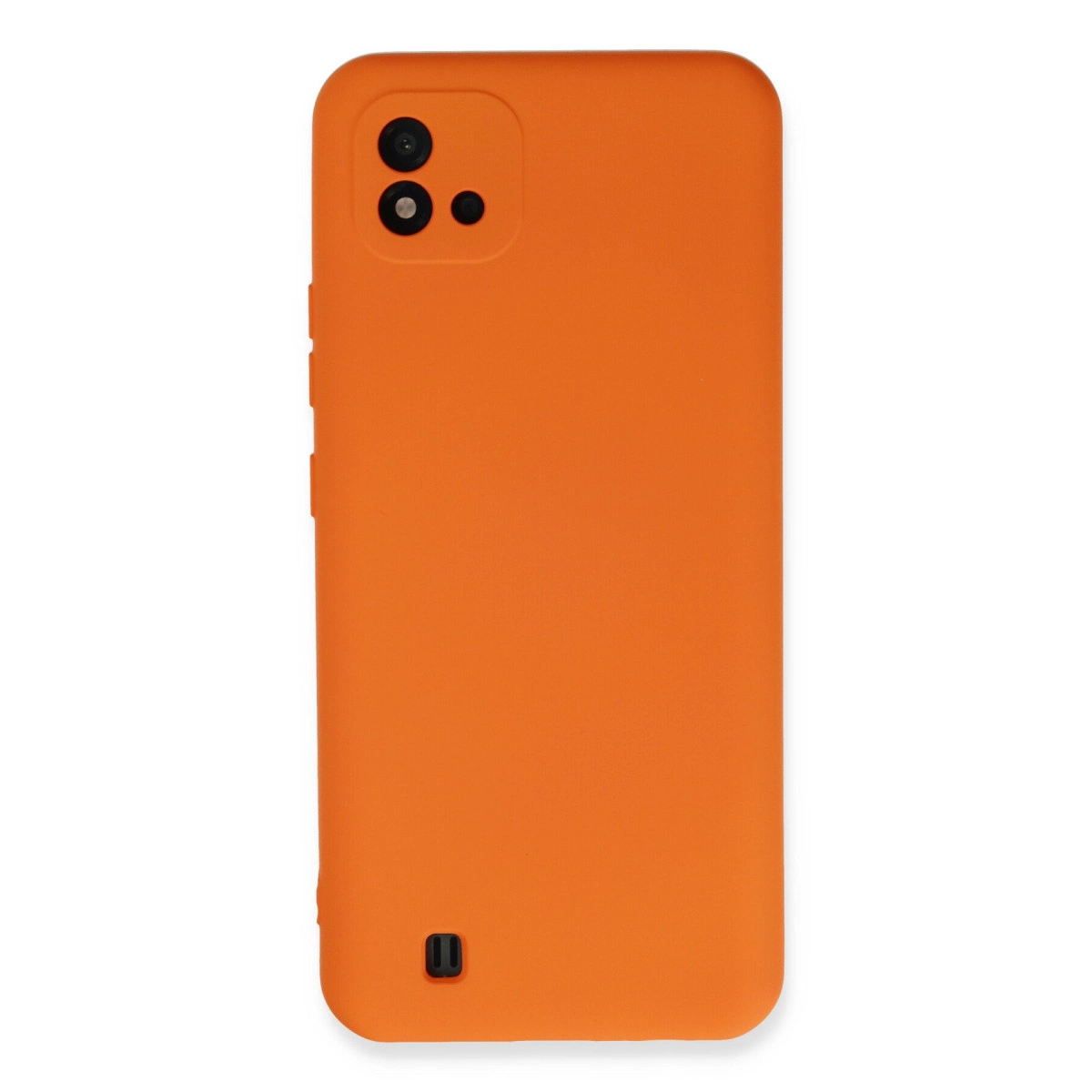 Kamera lensleri ve şarj portu olan turuncu telefon kılıfı.