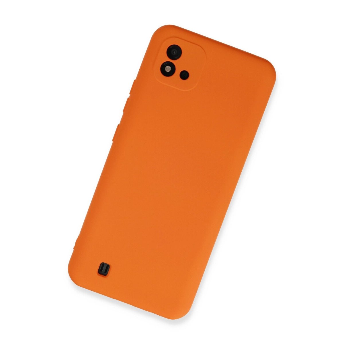 Üç kamera lensi ve flaşlı, düz turuncu telefon kılıfı.