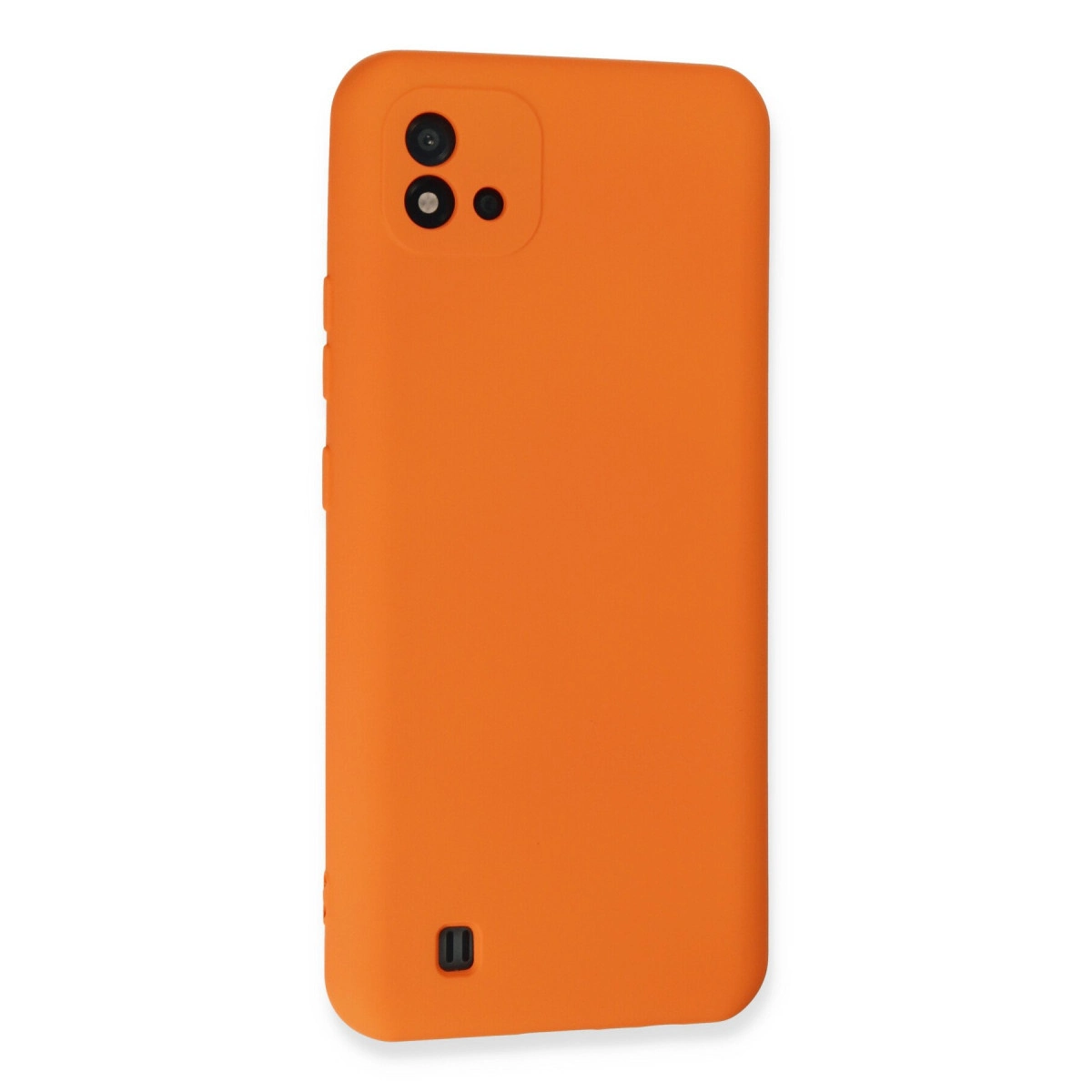 Kamera modülü ve şarj portu olan turuncu telefon kılıfı.
