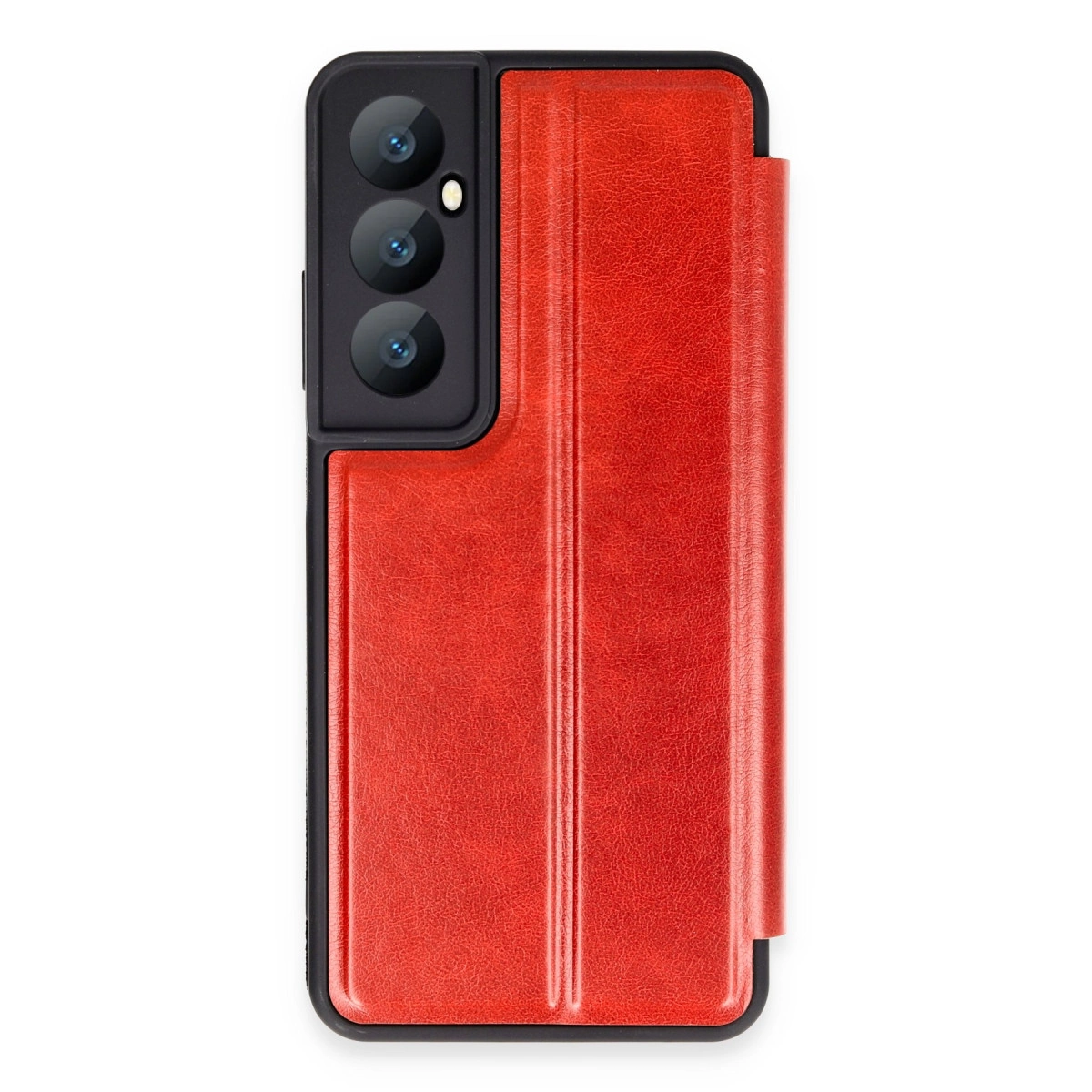 Üç kamera lensli ve kapaklı kırmızı telefon kılıfı.
