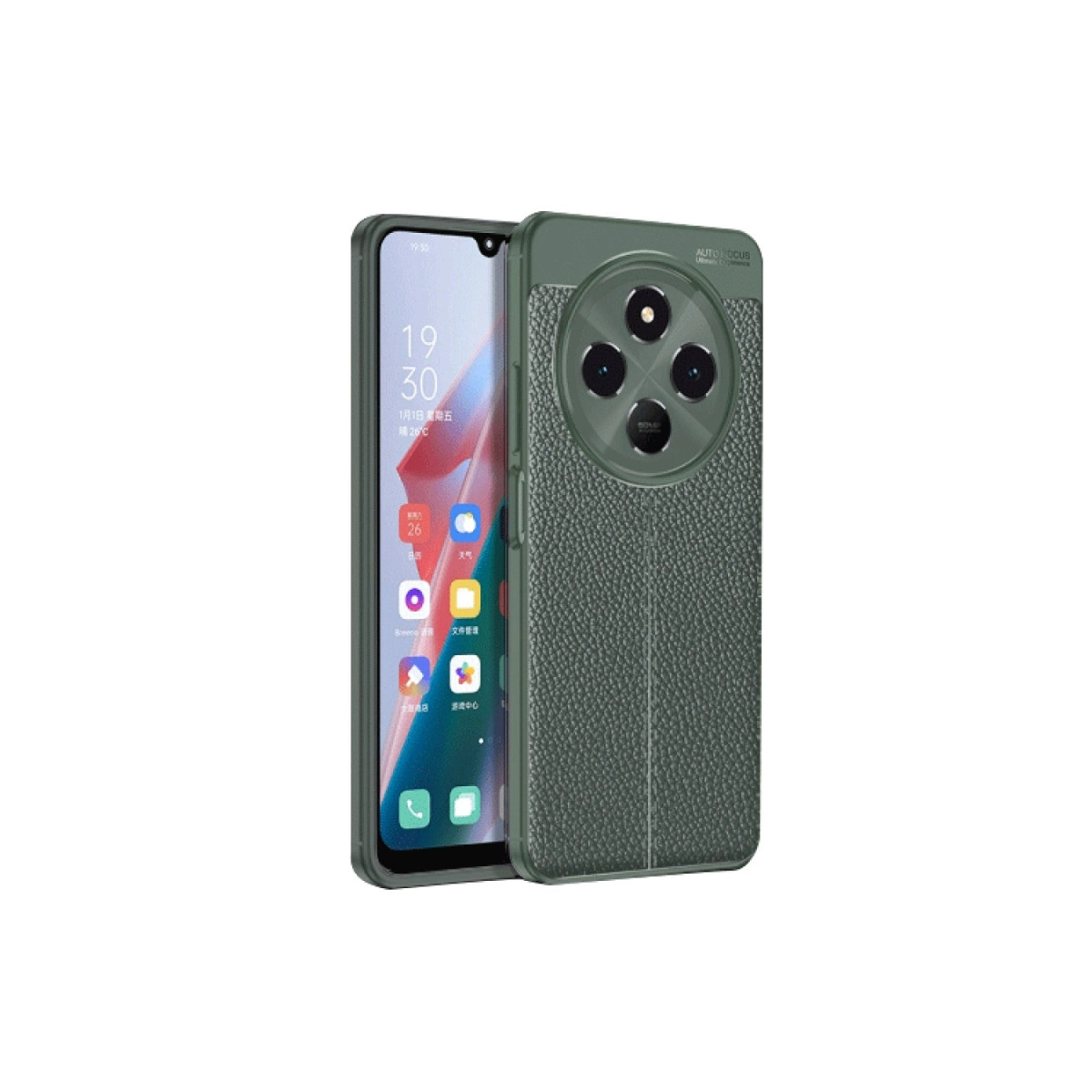 Kamera ünitesi gösteren, deri görünümlü koruyucu kılıflı yeşil akıllı telefon.