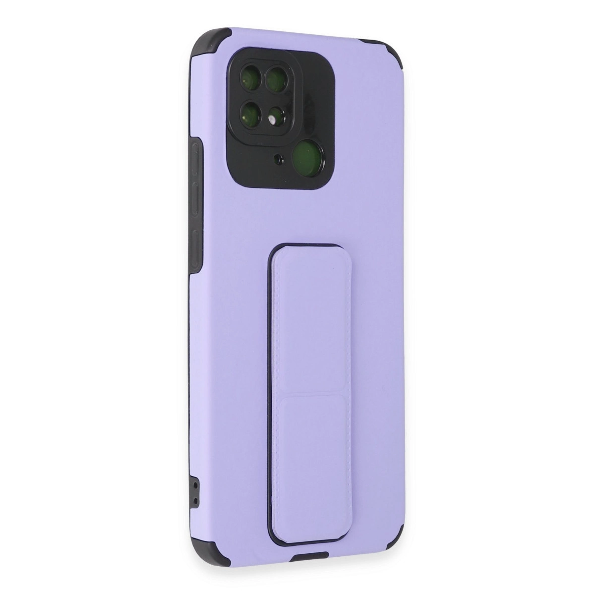 Entegre stantlı açık mor telefon kılıfı. Sol üstte kamera modülü.