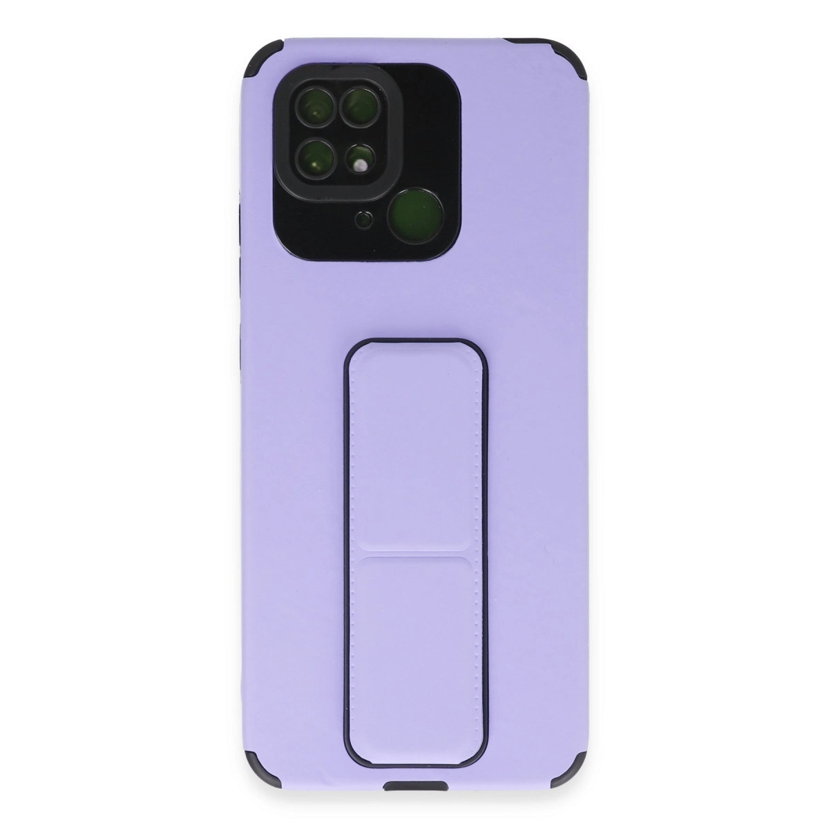 Dört kameralı ve entegre stantlı açık mor telefon kılıfı.
