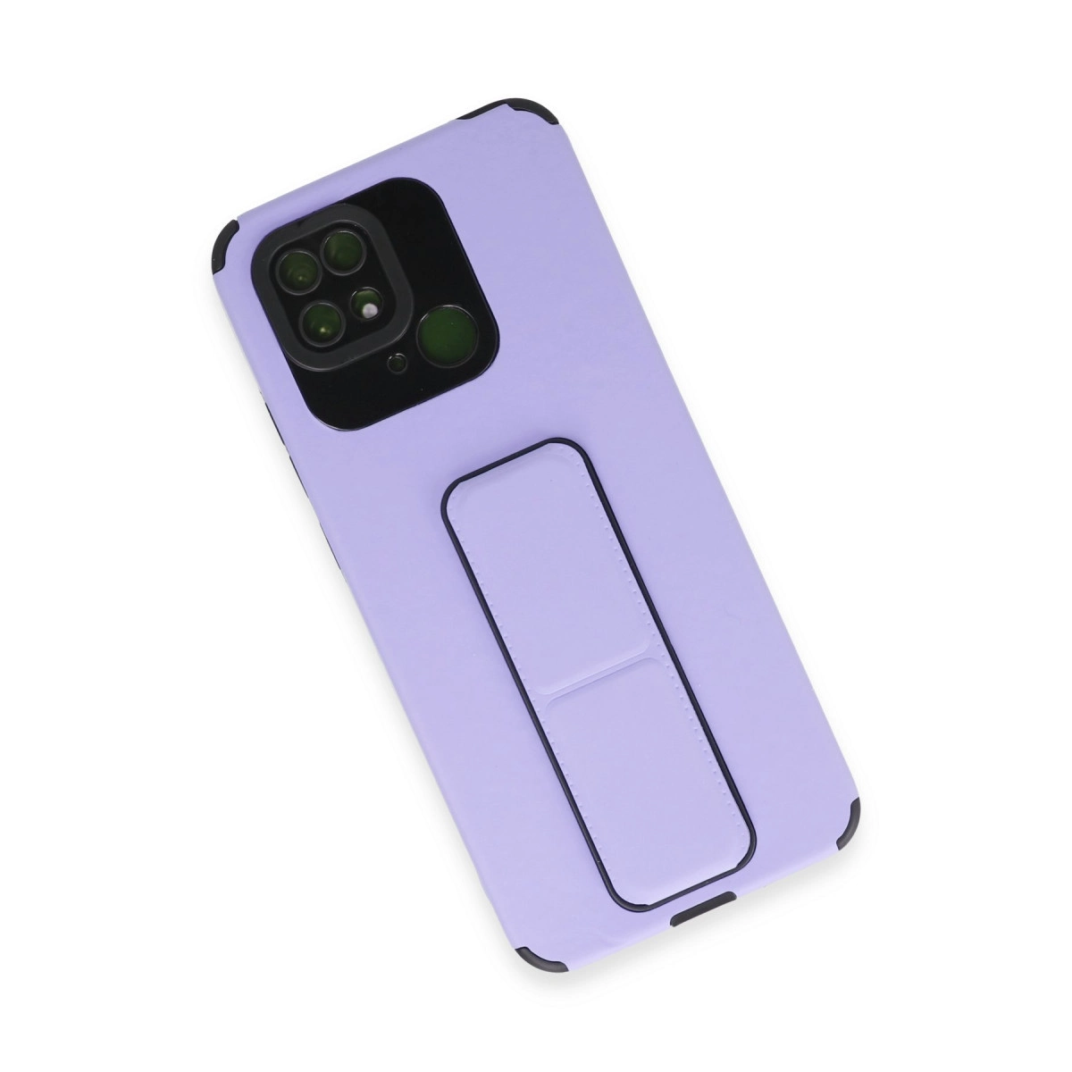 Entegre tutma yeri olan lavanta rengi telefon kılıfı, siyah kamera modülü.