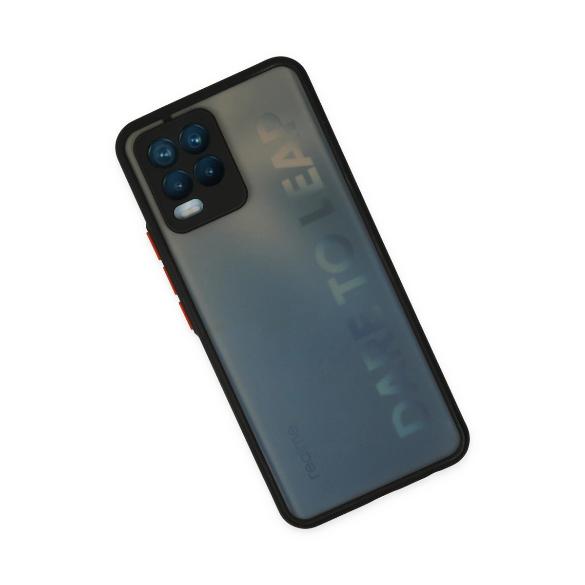 Kare kamera modülü ve DARE TO LEAP yazısı olan koyu renkli bir akıllı telefon.