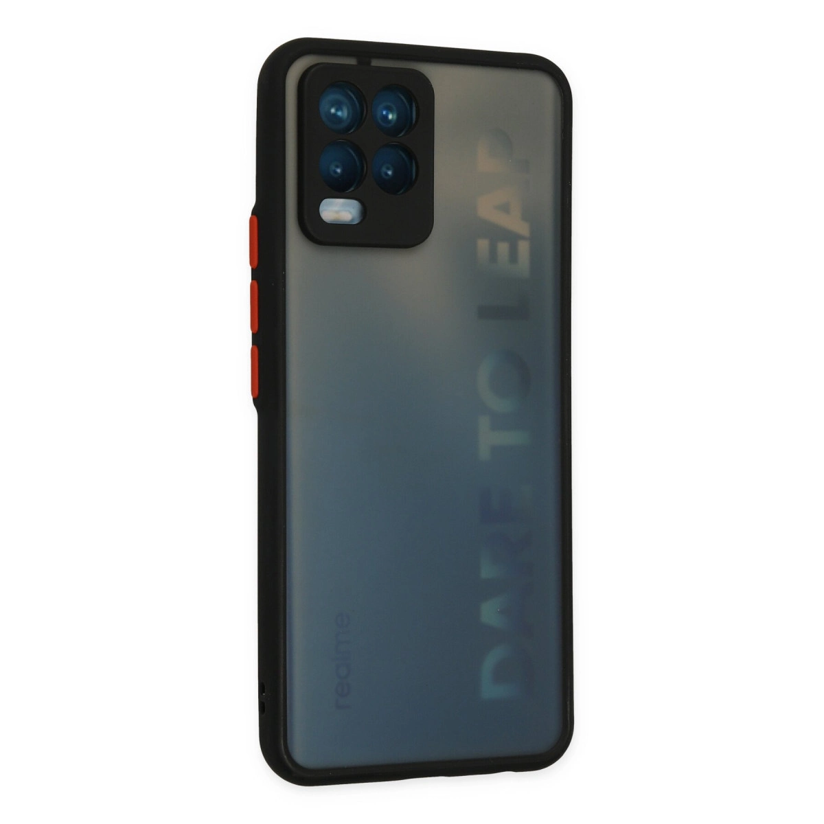Dört kameralı ve kırmızı düğmeli siyah telefon kılıfı. Üzerinde yazı bulunan yarı saydam arka.