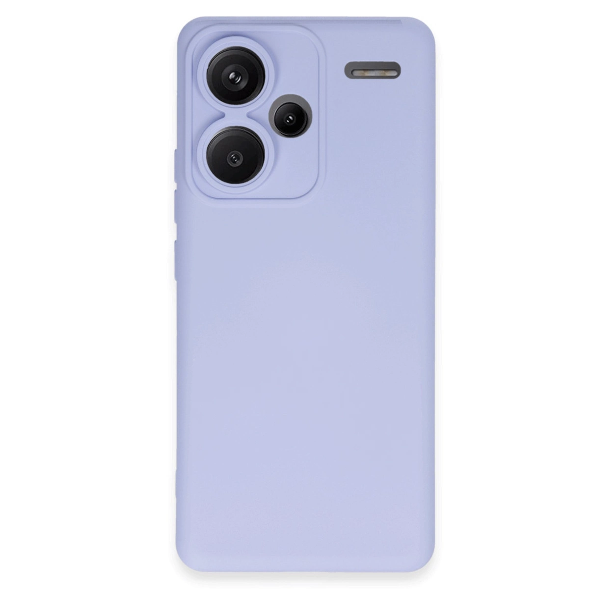 Üç kamera lensli ve flaşlı lavanta rengi telefon kılıfı.