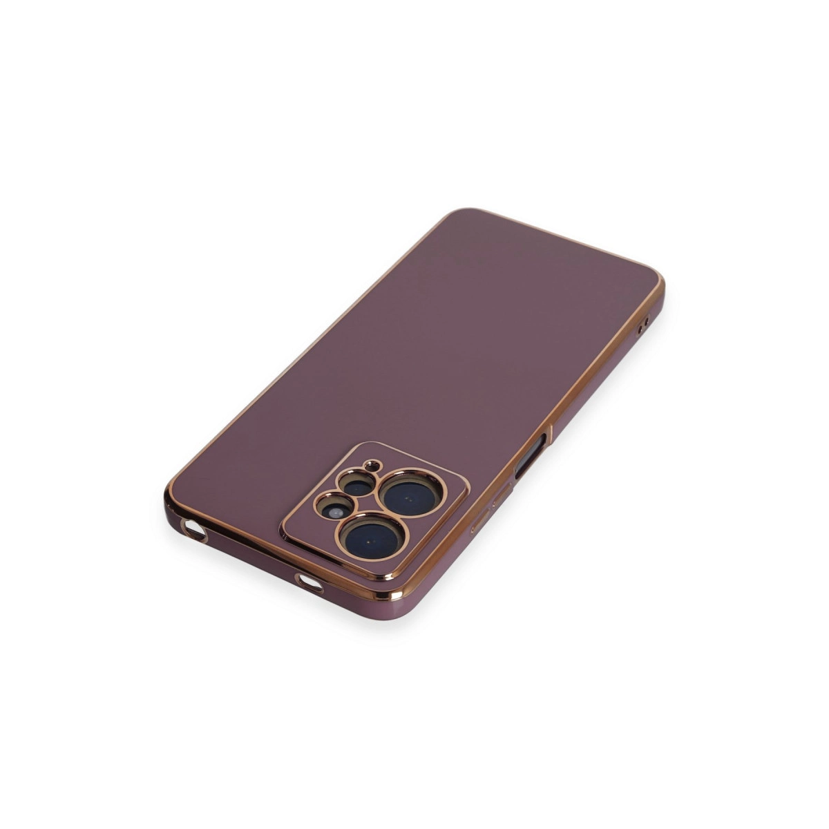 Beyaz zeminde altın kamera çerçeveli mor telefon.