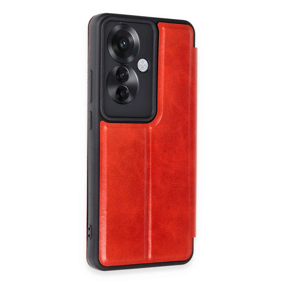 Kırmızı telefon kılıfı, siyah kamera modülü ve deri dokulu.