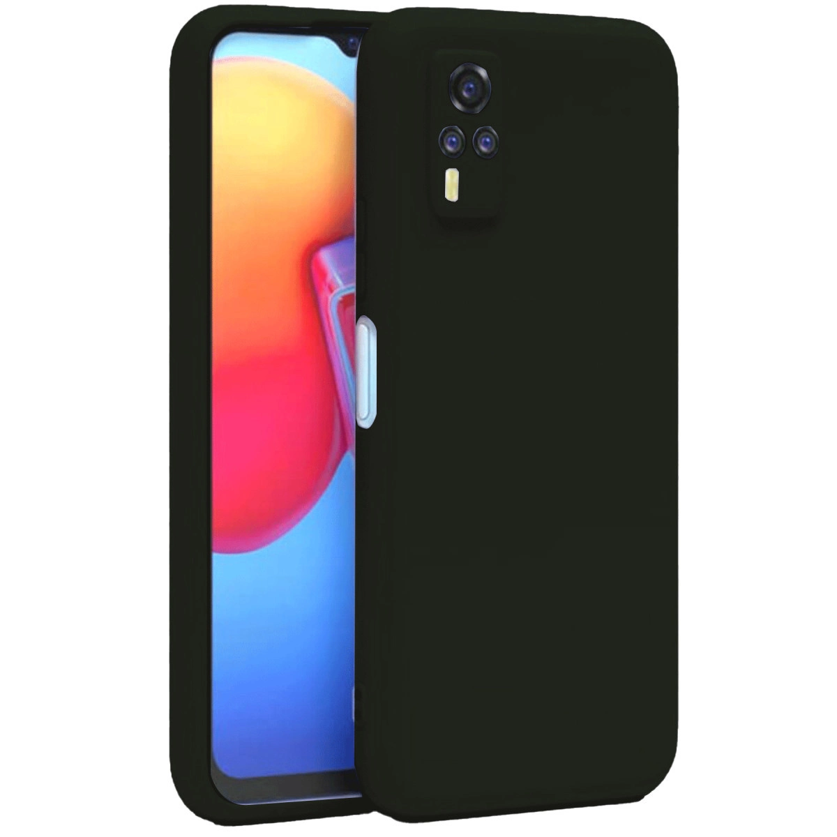 Üç kameralı ve flaşlı siyah telefon kılıfı, degrade ekran.