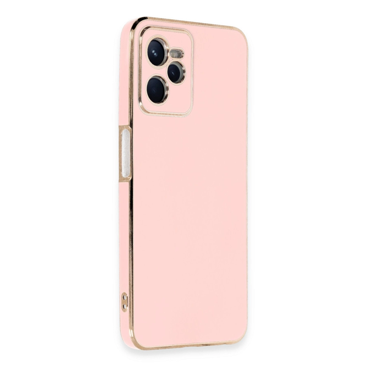 Altın çerçeveli ve kamera kesimli pembe telefon kılıfı.