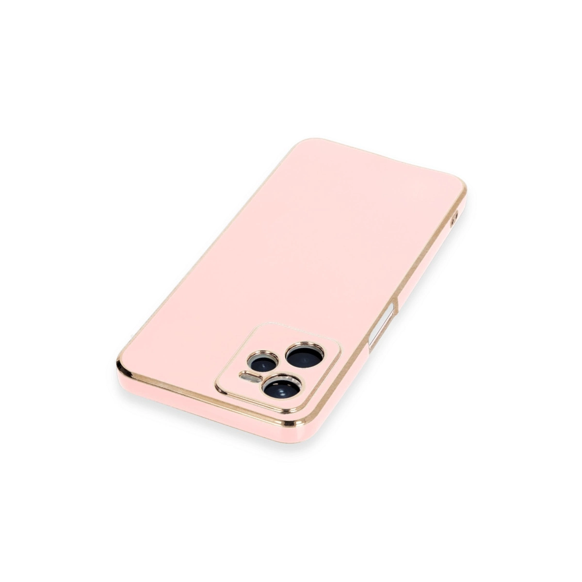 Altın kenarlı ve kamera modüllü pembe telefon kılıfı.