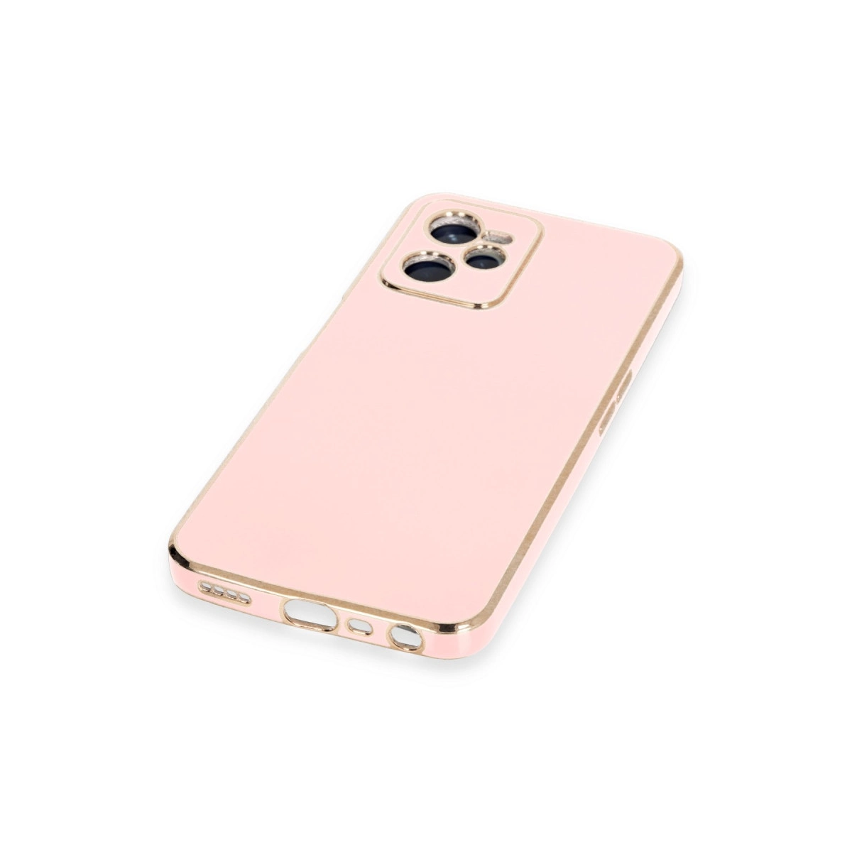 Altın kenarlı ve kamera kesimli pembe telefon kılıfı.