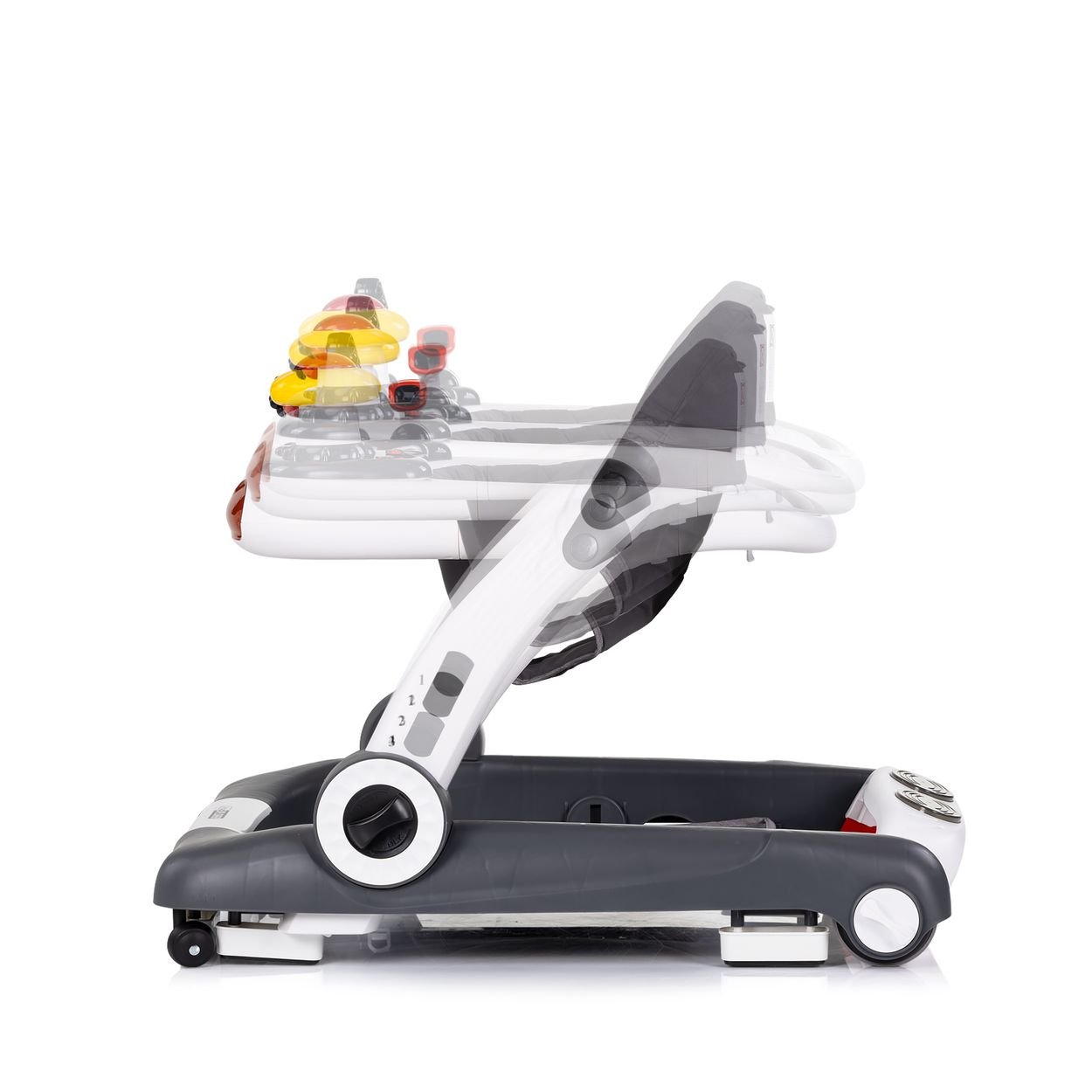 Ein grauer und weißer Baby-Gehwagen mit Spielzeug oben.