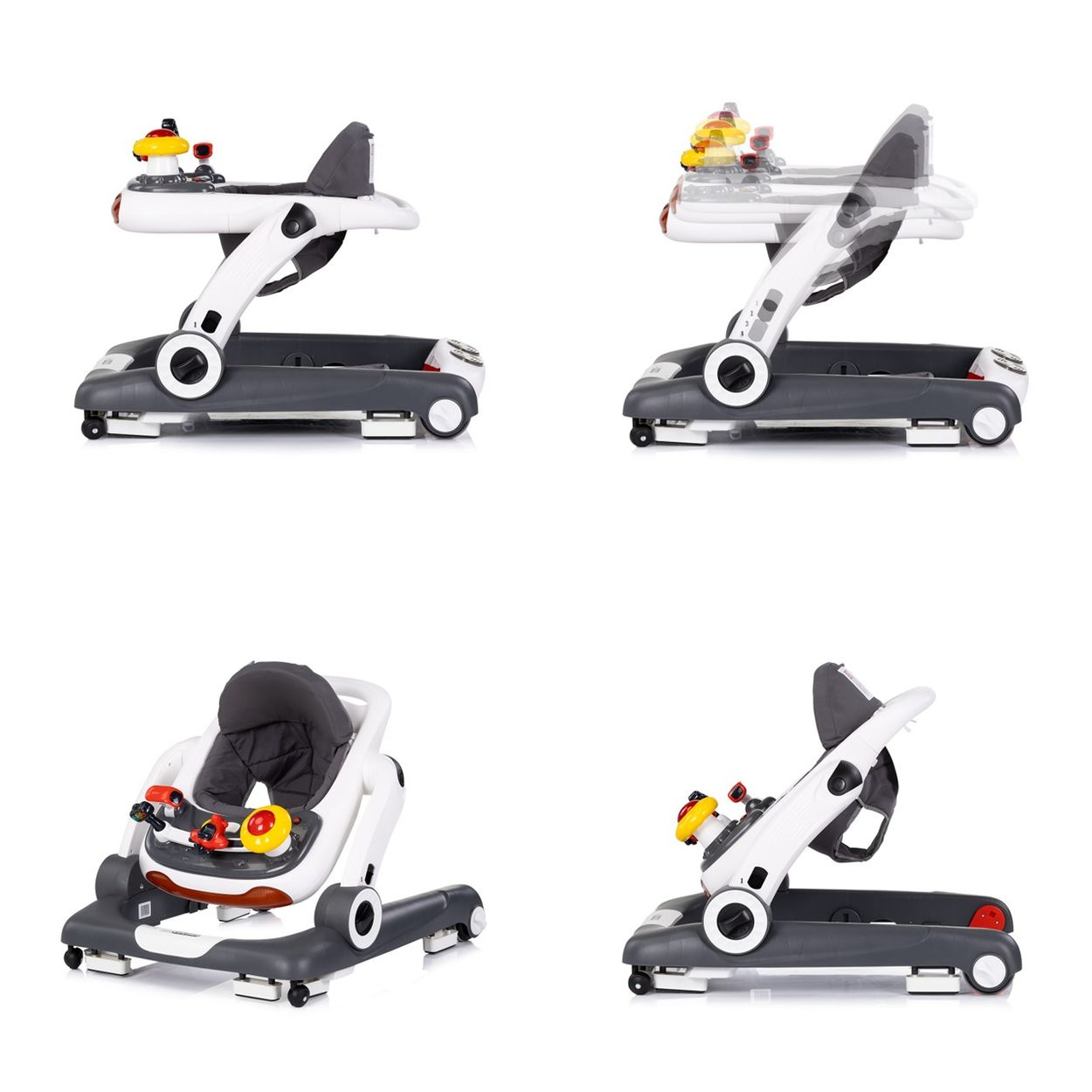 Ein grauer und weißer Babywalker mit Spielzeug.