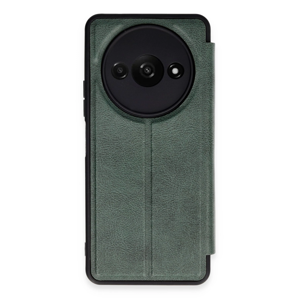Yuvarlak kamera lensli yeşil deri telefon kılıfının arkası.