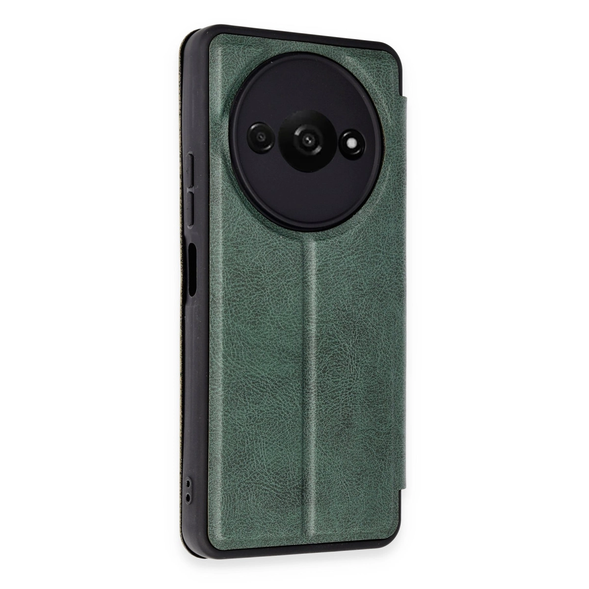 Yuvarlak kamera lensli ve deri dokulu yeşil telefon kılıfı.