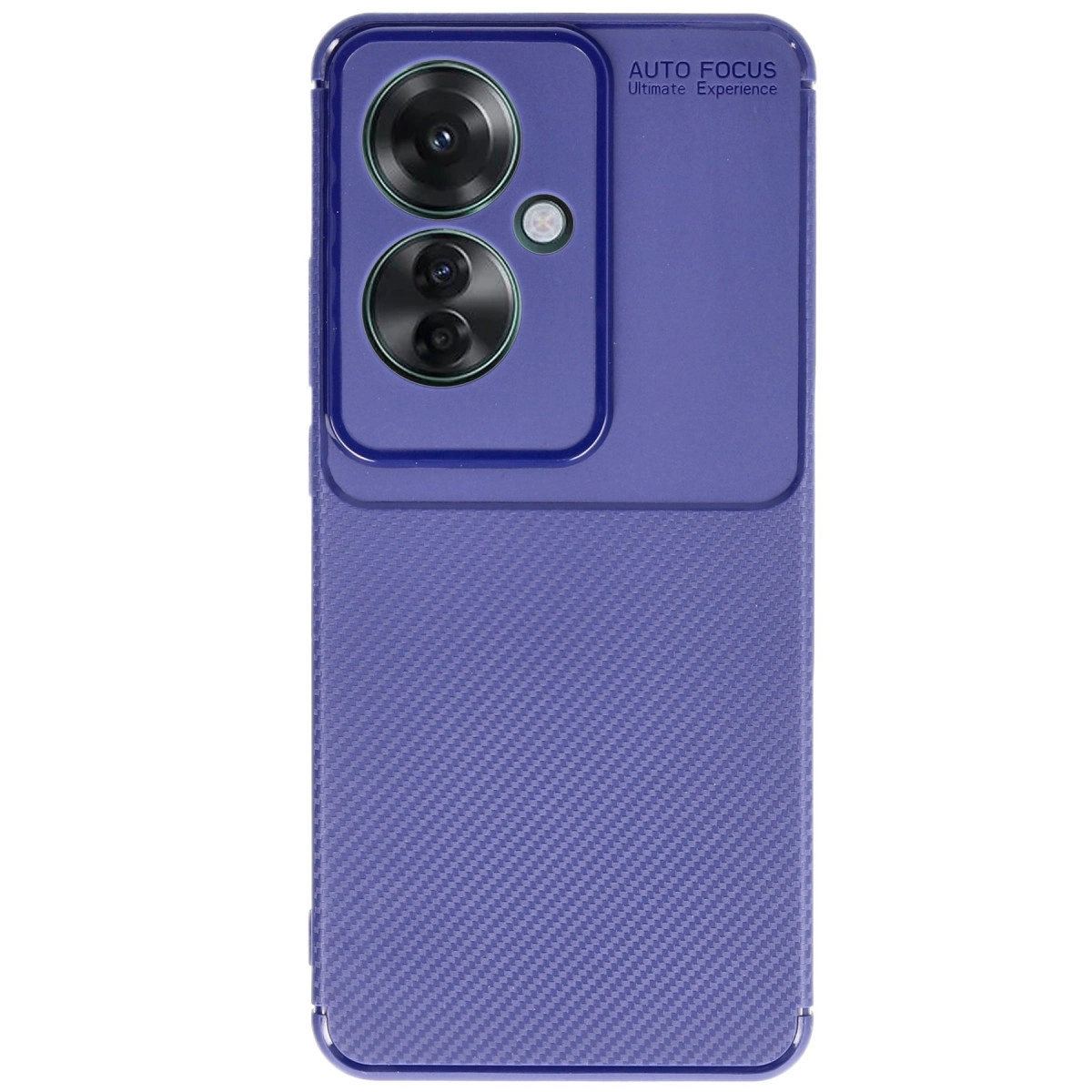 Karbon desenli, iki kameralı mor telefon kılıfı.