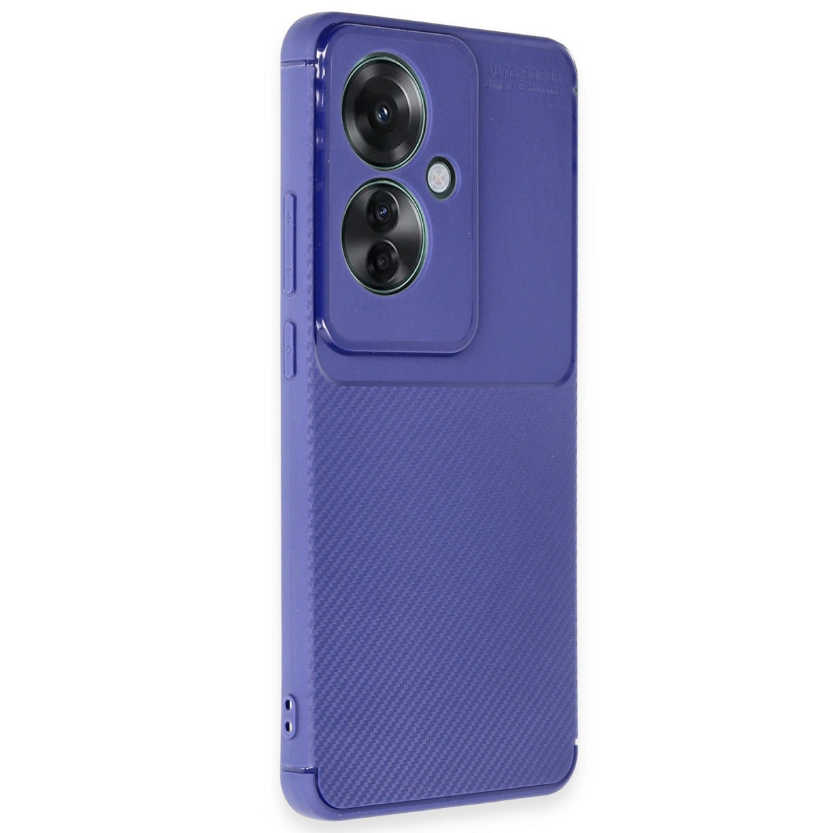 Çift kameralı, arkasında karbon fiber dokulu mor telefon kılıfı.