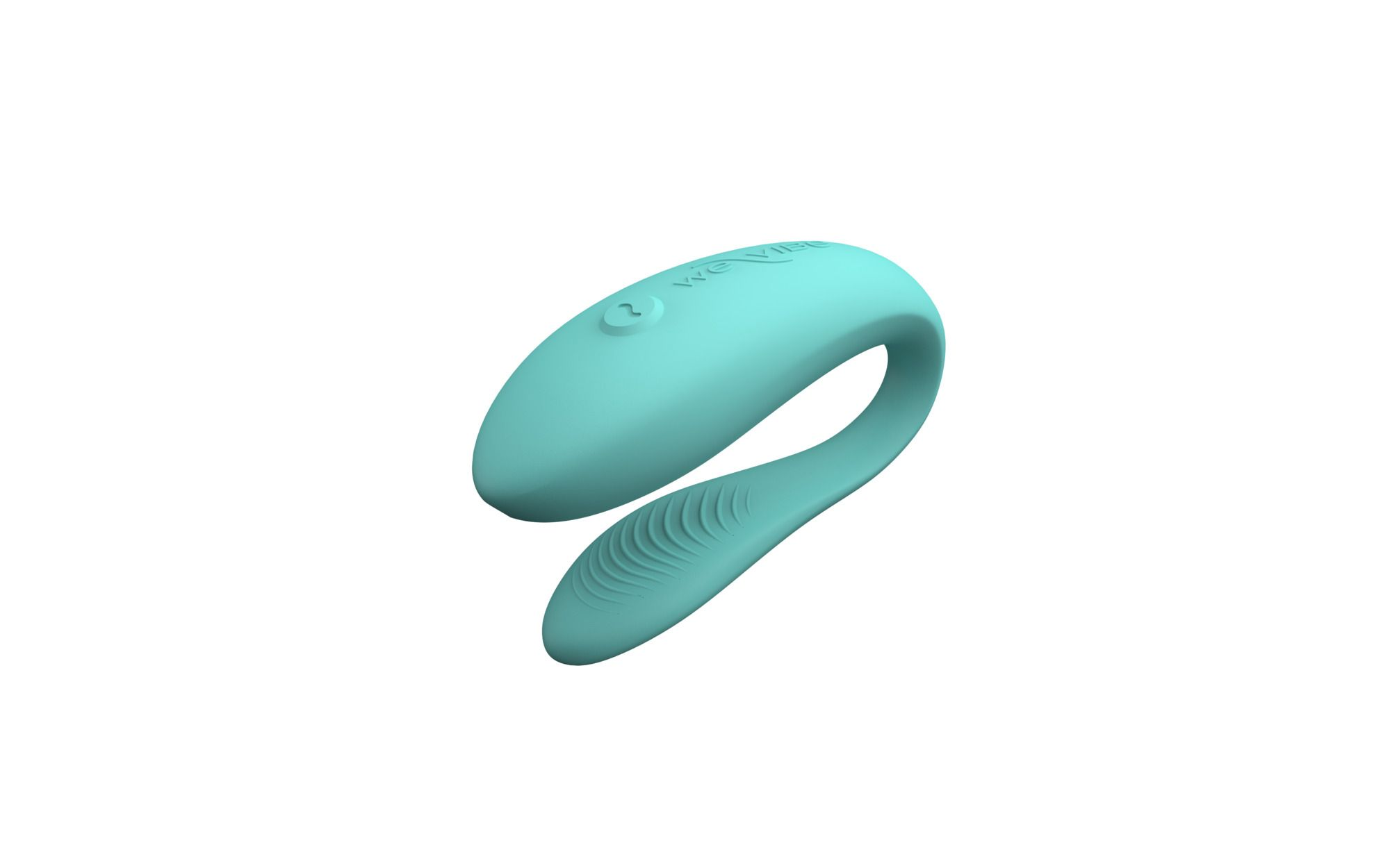 Ein türkisfarbener Vibrator mit gebogenem Design und Rillen auf einem Teil.