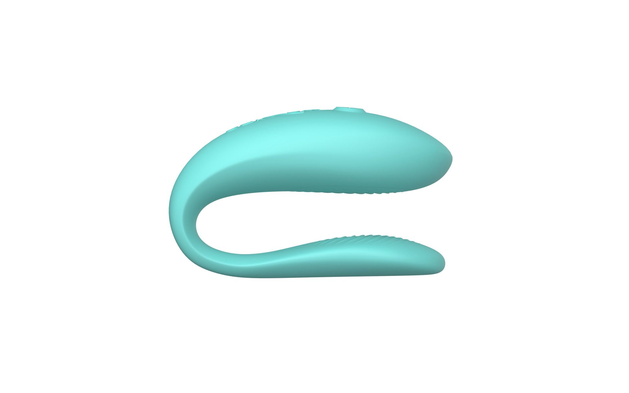 Ein aquafarbener, geschwungener Vibrator mit Rillen und Knöpfen.