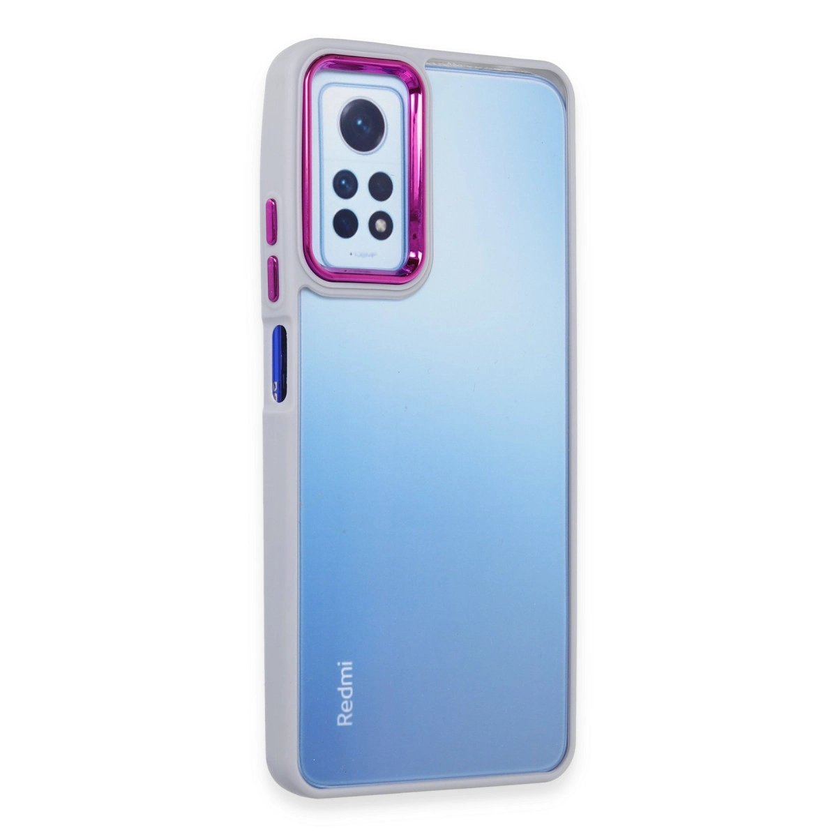 Pembe kamera çerçeveli ve mavi geçişli gri telefon kılıfı.