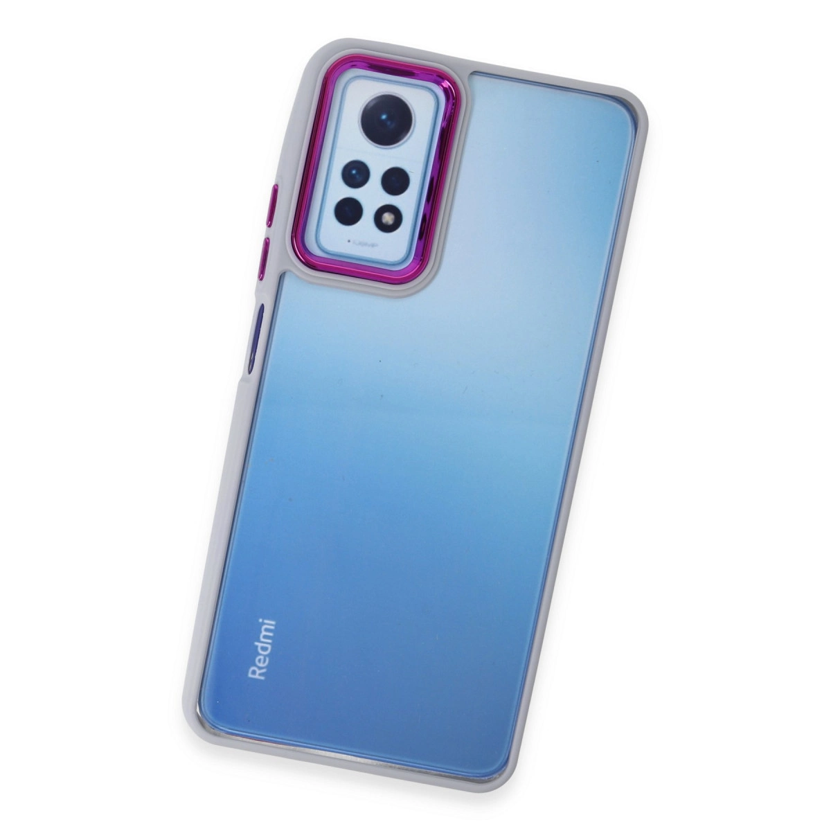 Gri kılıflı mavi telefon ve pembe kamera çerçevesi.