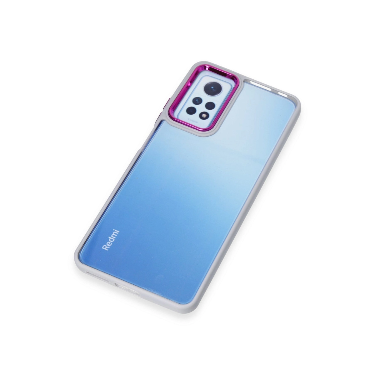Pembe kamera çerçeveli gri kılıflı mavi telefon.