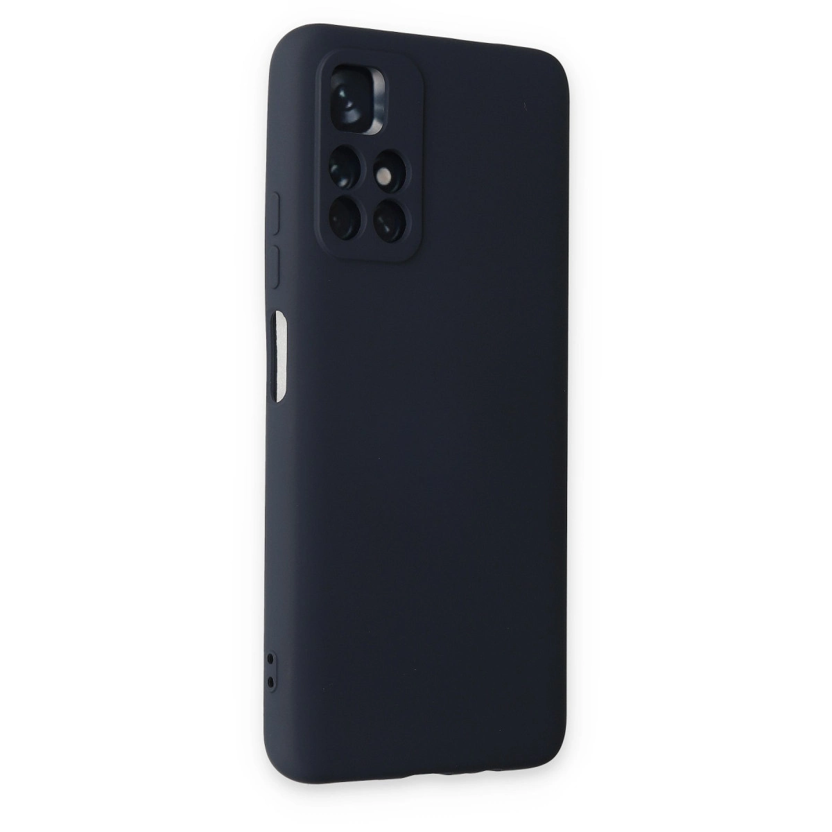 Kamera kesimli lacivert telefon kılıfı. Beyaz arka plan.