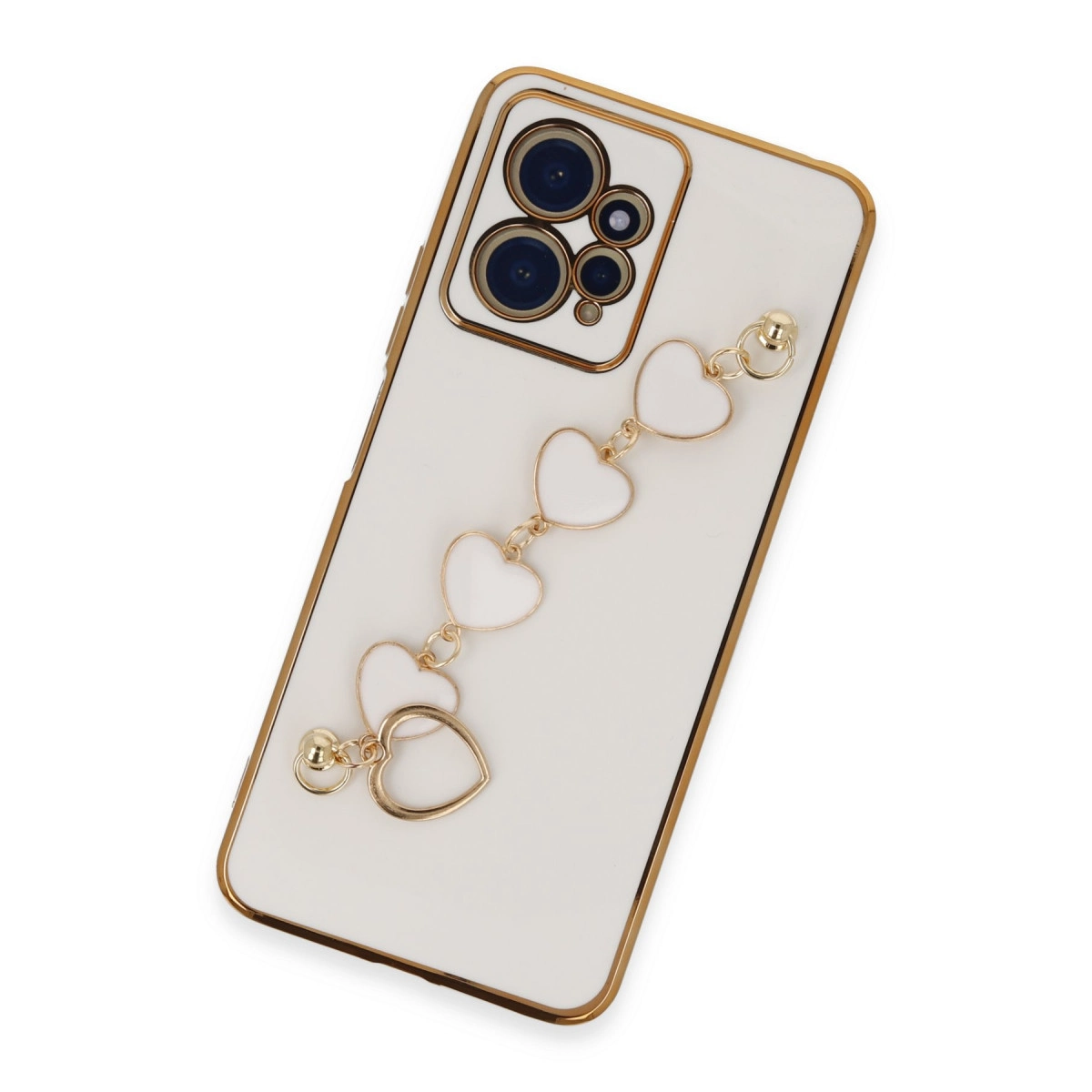 Altın kenarlı beyaz telefon ve kalp şeklinde charm kolyeli.