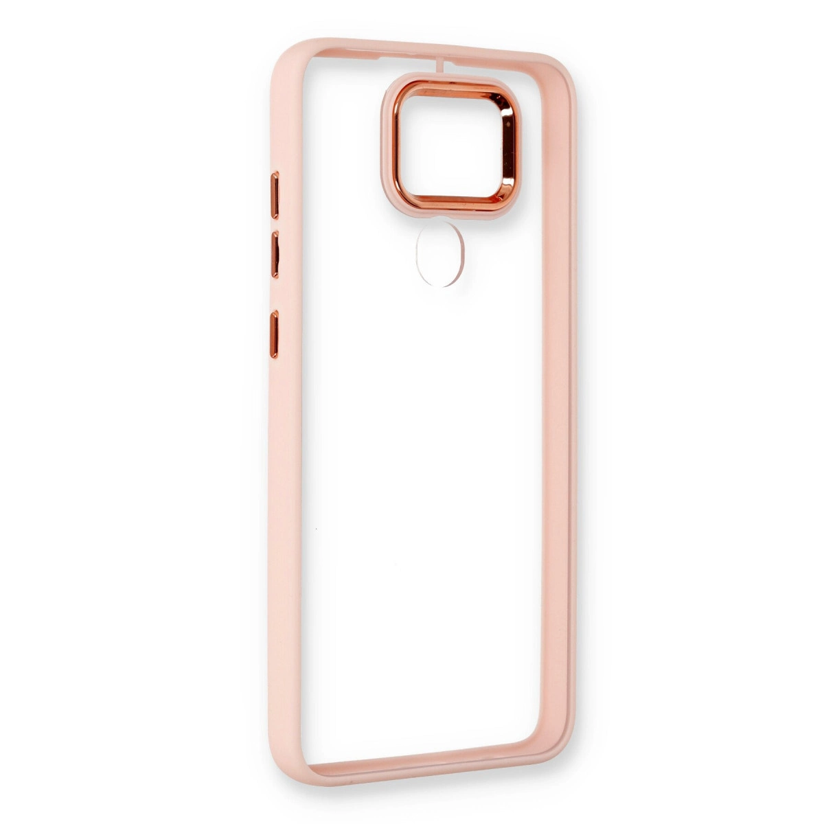 Rose gold renkli çerçeve ve düğmeleri olan şeffaf telefon kılıfı.