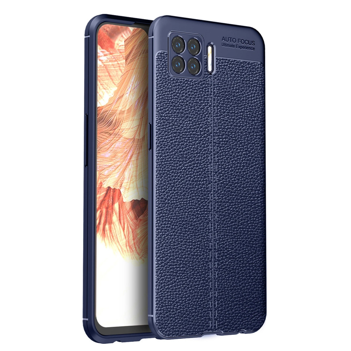 Kamera dizilimli, lacivert, deri dokulu telefon kılıfı.