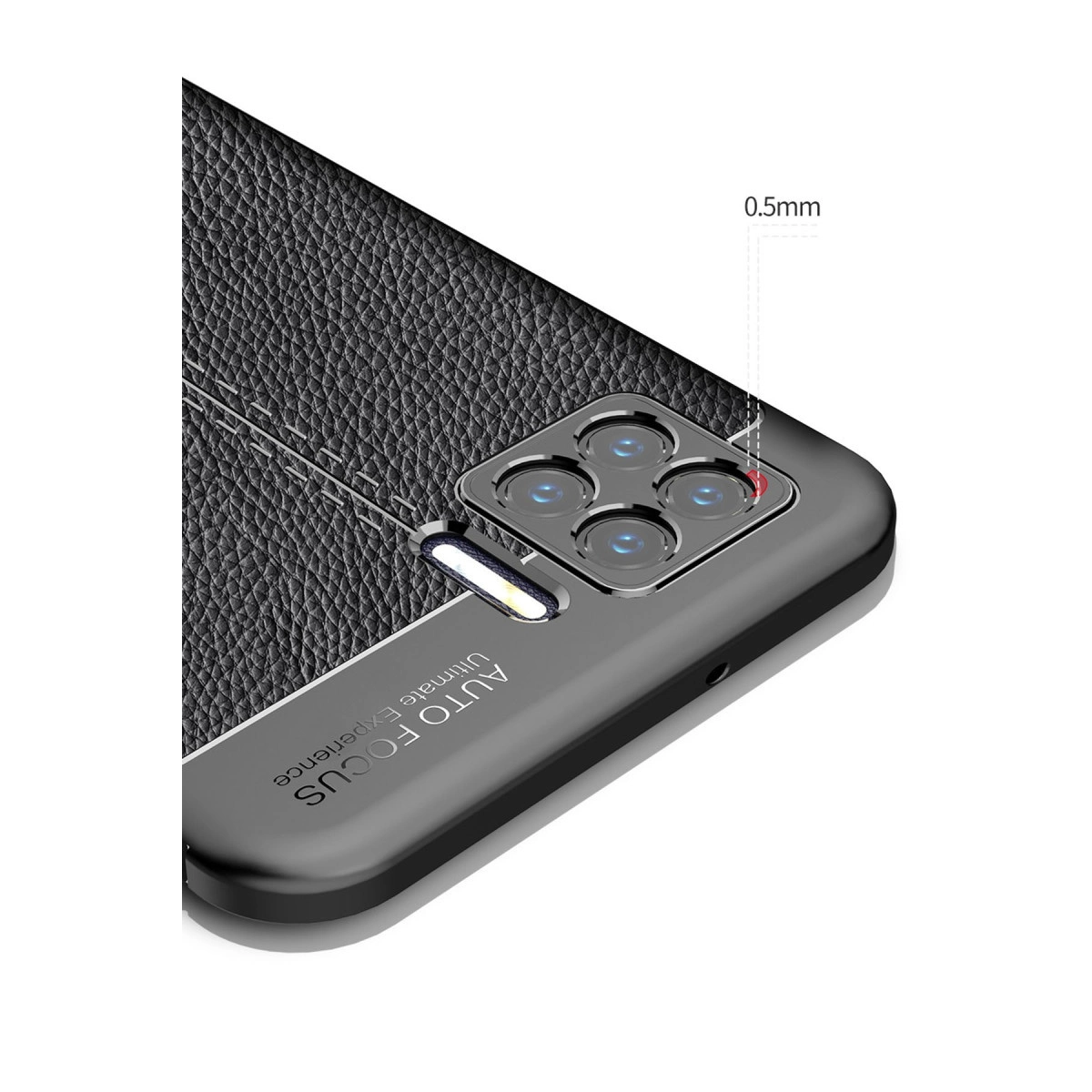 Dört kameralı siyah telefon kılıfı ve 'AUTO FOCUS' yazısı.