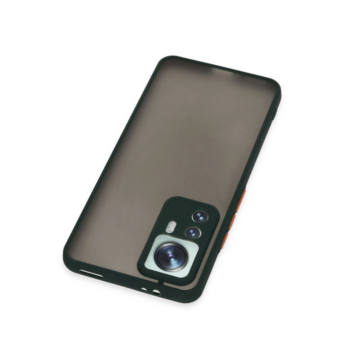 Koyu gri telefon kılıfı, kamera oyuğu ve turuncu düğmeler beyaz arka plan üzerinde.