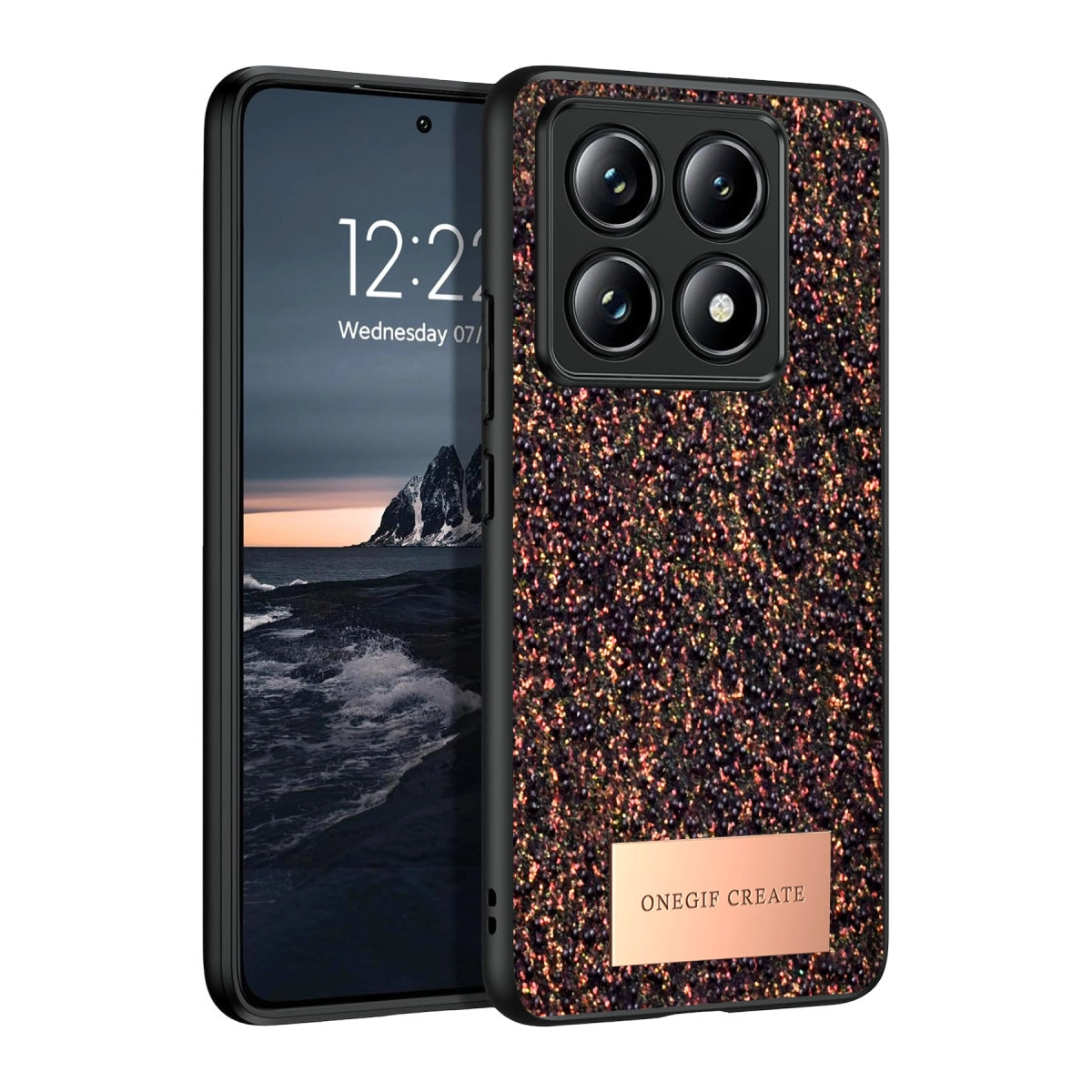 Dört kameralı ve altın plakalı ışıltılı bir telefon.