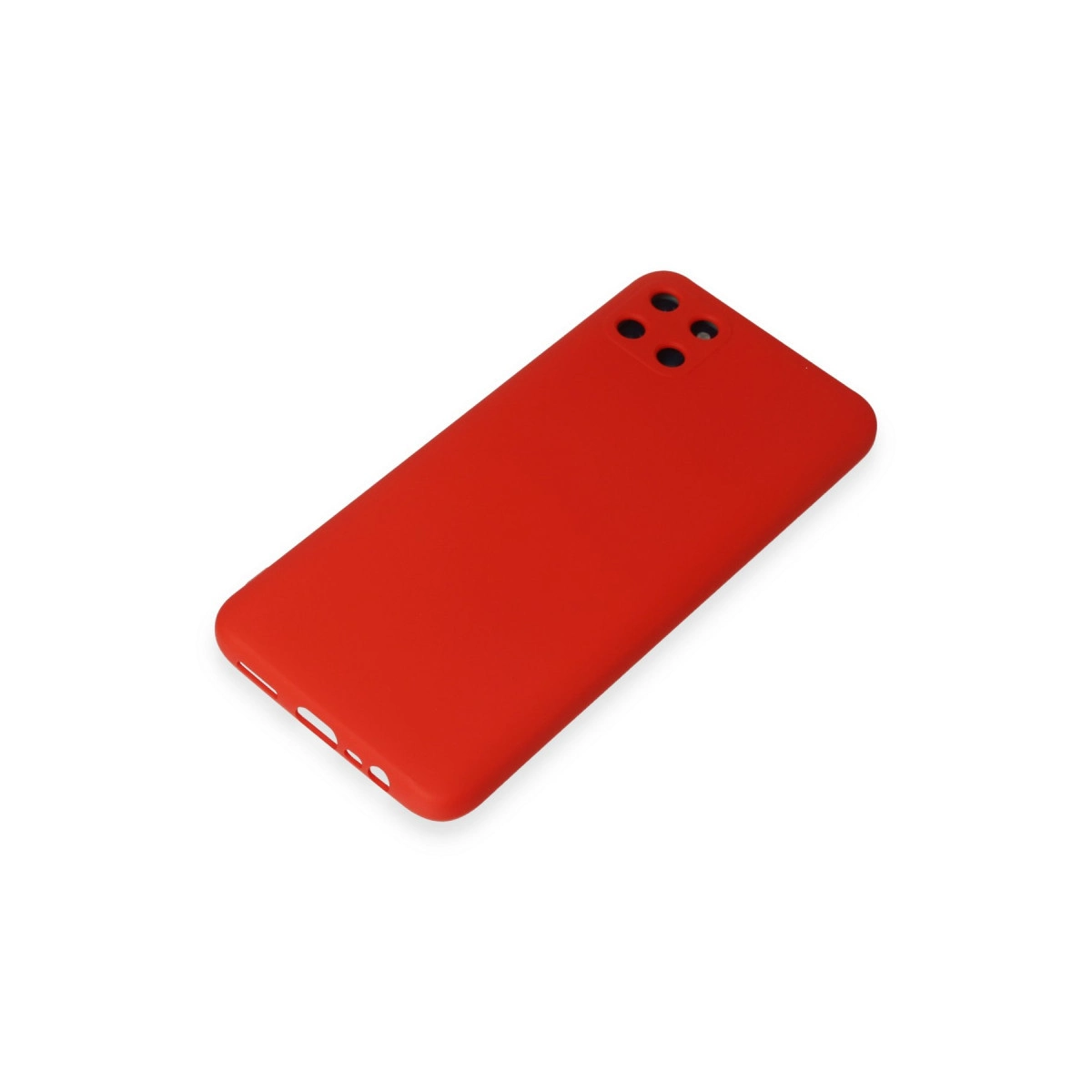 Üst kısmında dört kamera lensi bulunan kırmızı telefon kılıfı.