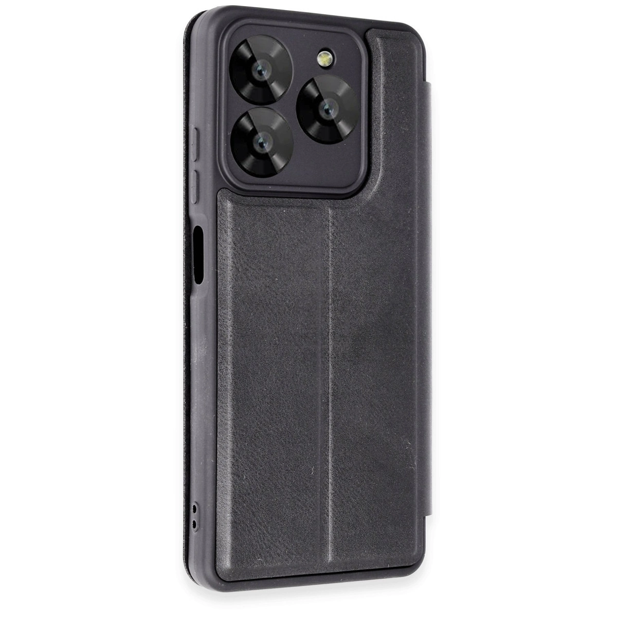 Üstte üçlü kamera ve flaşa sahip siyah telefon kılıfı.