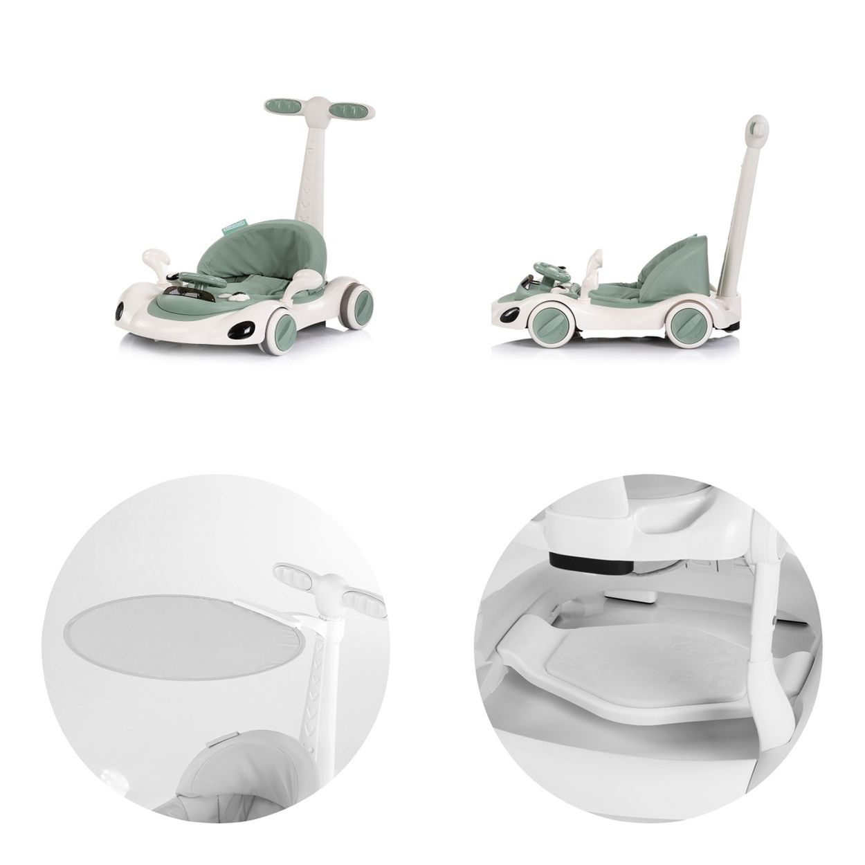 Ein weiß-grüner Kinderwagen in Autoform mit Sonnendach und Fußstütze.