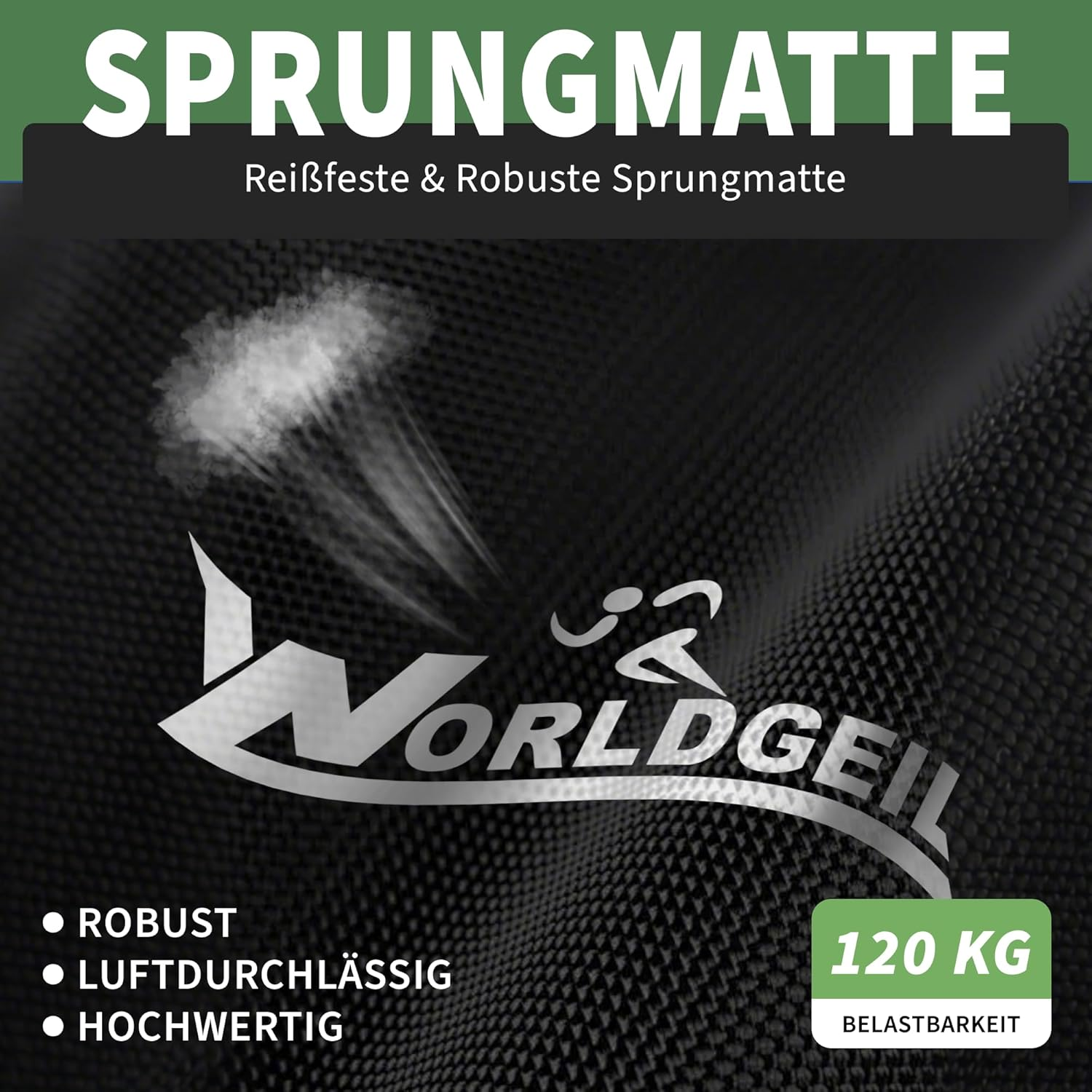 Tappeto elastico nero con logo bianco 'WORLDGEIL'. Portata 120 kg.