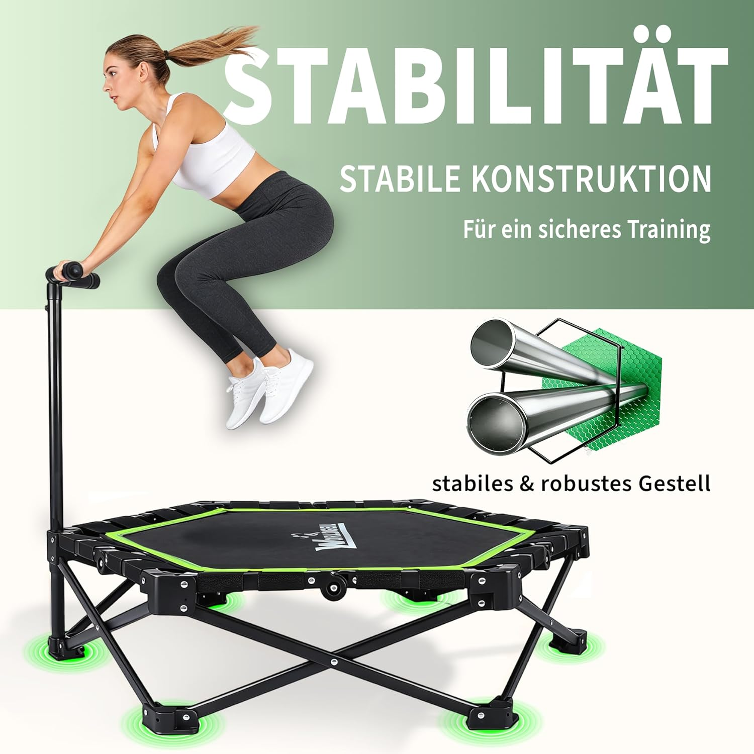 Donna salta su un trampolino con maniglia. Costruzione stabile.