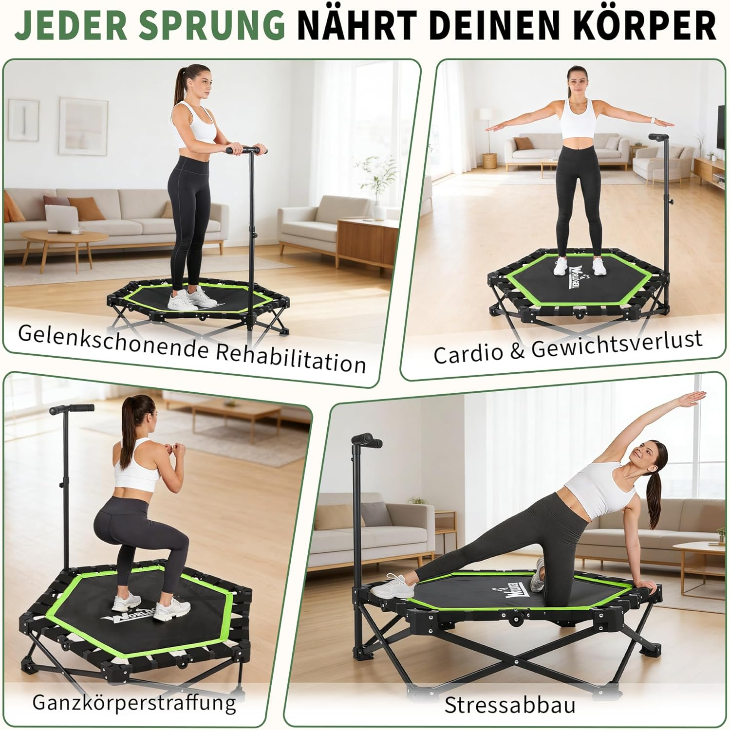 Quattro donne si allenano su mini trampolini, illustrando riabilitazione, cardio, tonificazione e sollievo dallo stress.