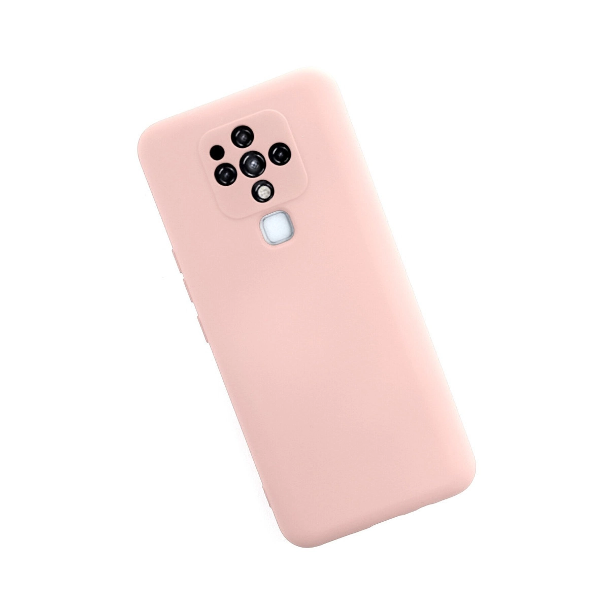 Kare kamera modülü düzenine sahip açık pembe telefon kılıfı.