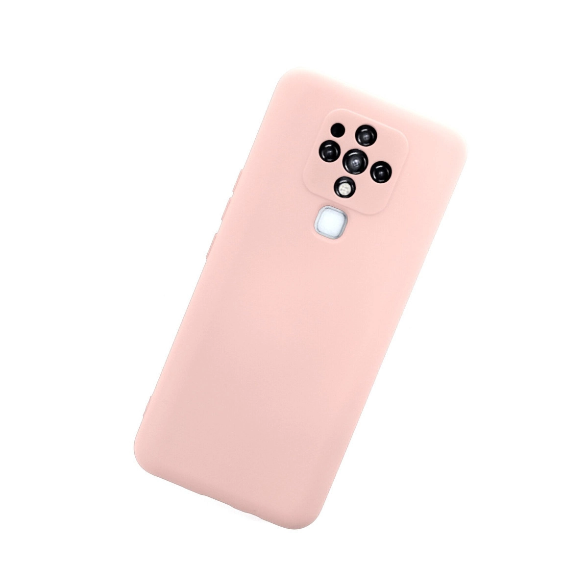 Beş lensli, dikdörtgen kamera modülüne sahip pembe telefon kılıfı.