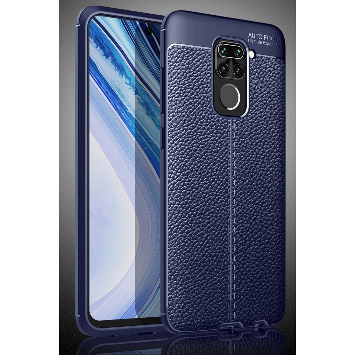 Koyu mavi, deri dokulu telefon kılıfı, kamera kesiği.