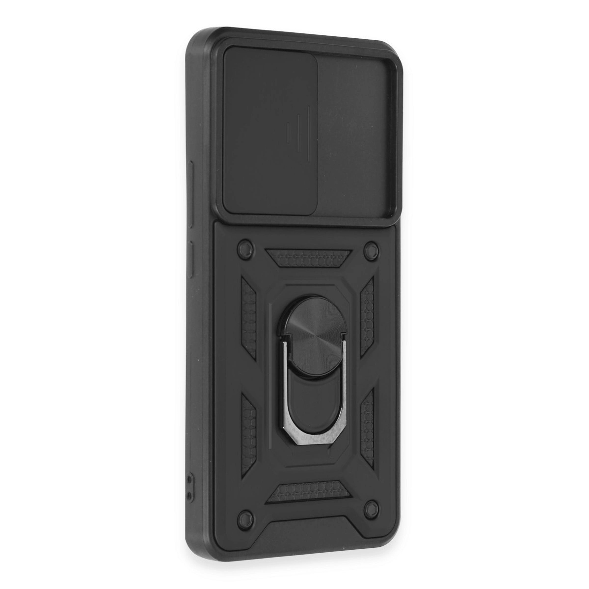 Kayar kapaklı ve halka tutuculu siyah telefon kılıfı.