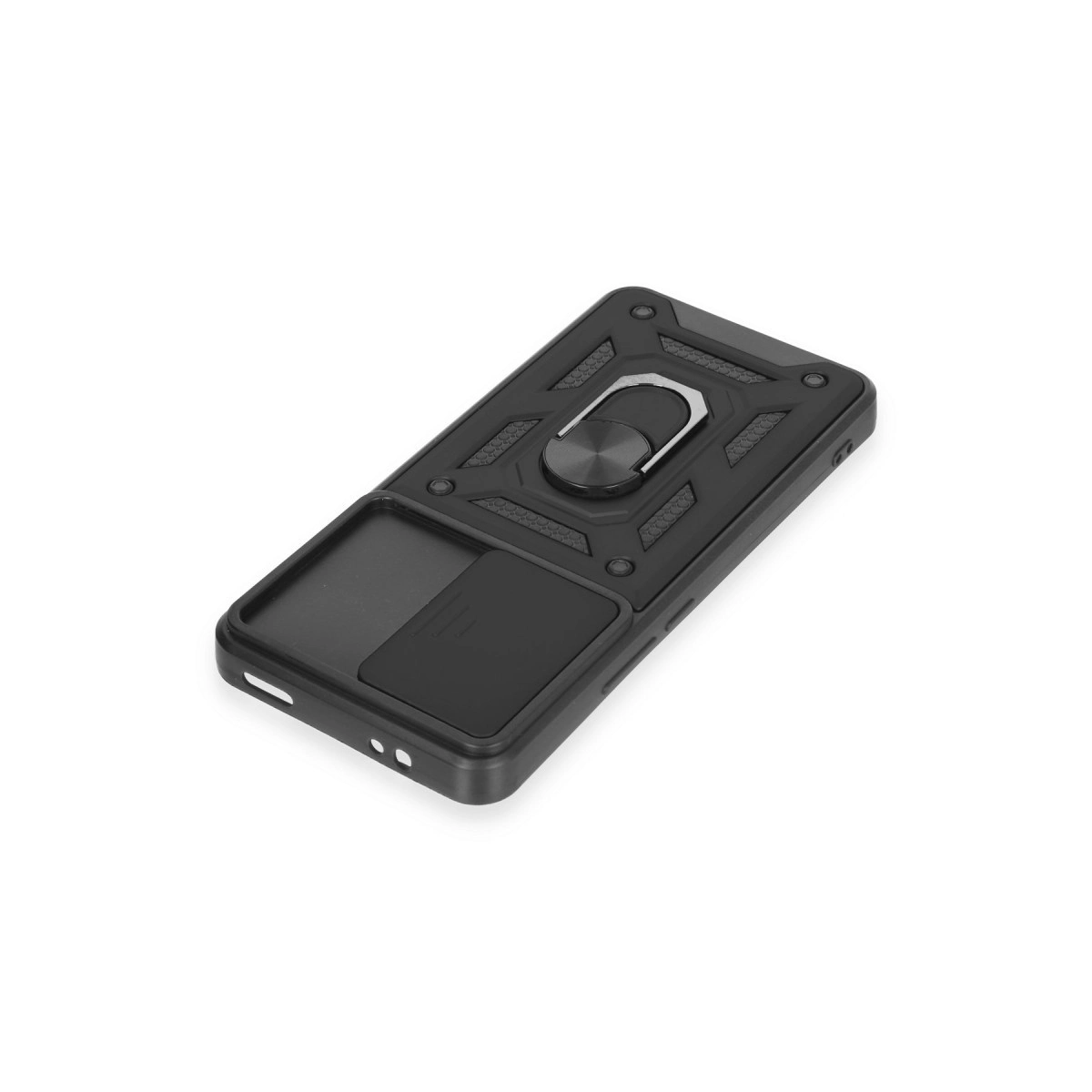 Halka tutuculu ve kayar kapaklı siyah telefon kılıfı.