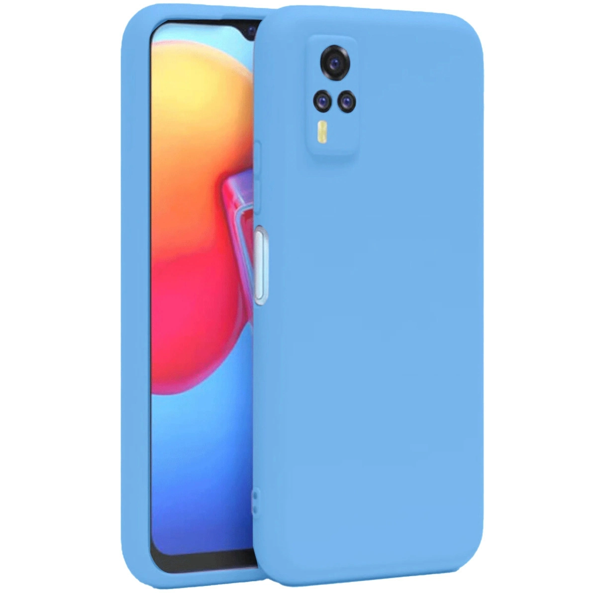 Arkada kamera modülü bulunan açık mavi telefon kılıfı.