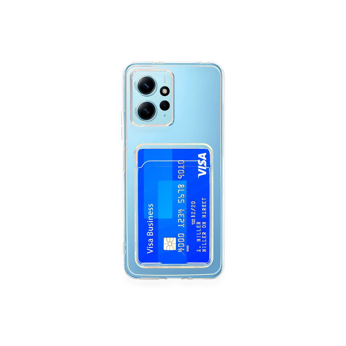 Mavi bir Visa Business kredi kartı, kamera modülü olan açık mavi bir telefon kılıfına takılıdır.