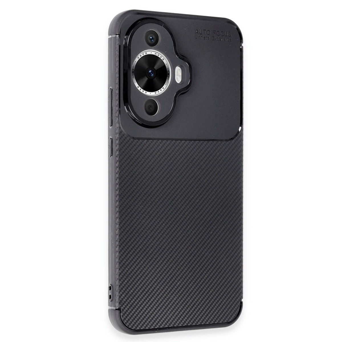 Karbon fiber desenli ve lensli siyah telefon kılıfı.